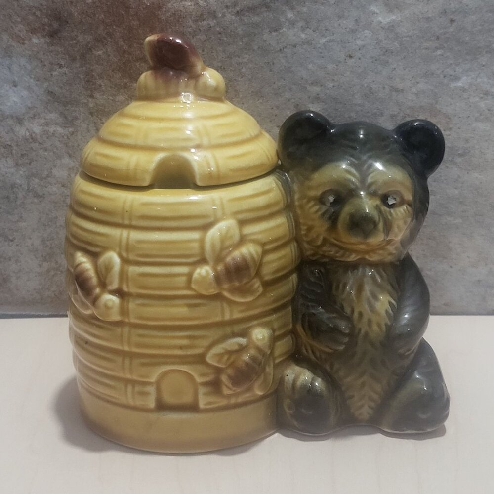 Vintage Ceramic Honey Bear Beehive Honey Pot Jar
